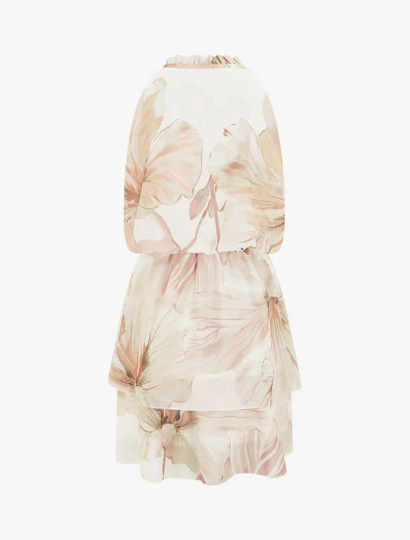 Kleid mit Blumenmuster und elastischer Taille - Beige