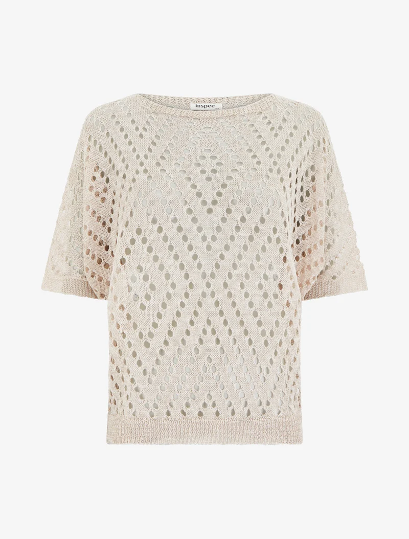 Gehäkeltes Oberteil aus Netzstoff - Beige