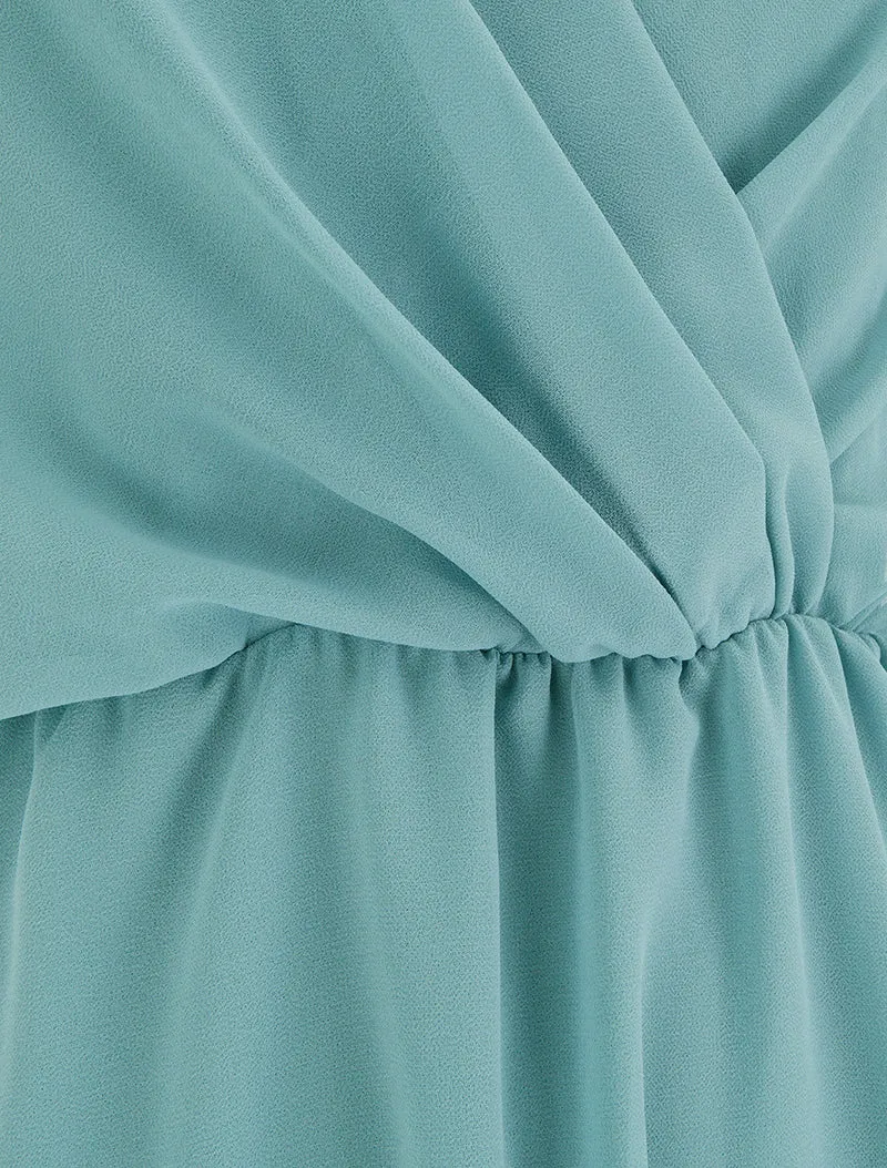 Ausgestelltes Kleid mit kurzen Ärmeln und Wickelausschnitt - Wassergrün
