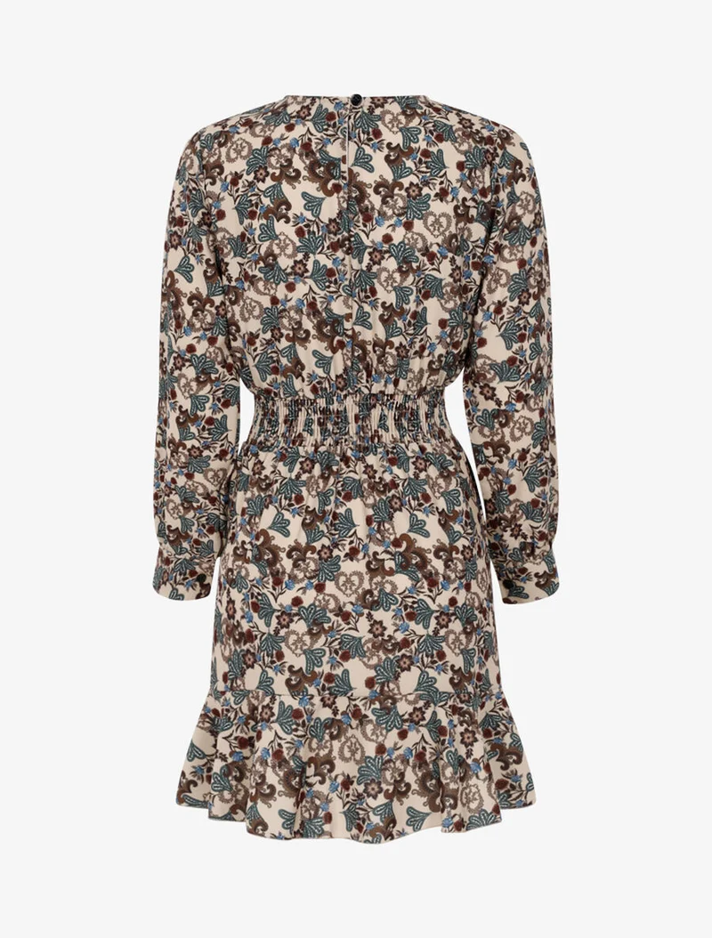 Kurzes Kleid mit barockem Blumenmuster - Beige