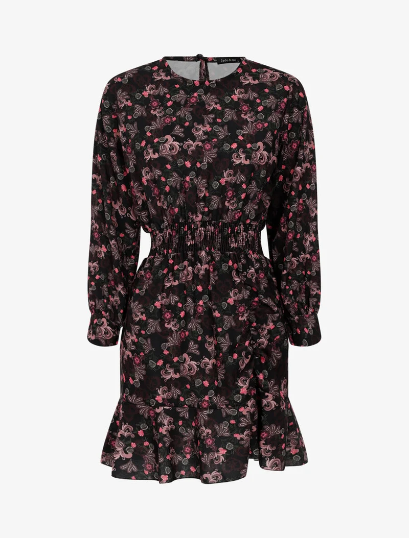 Kurzes Kleid mit barockem Blumenmuster - Schwarz