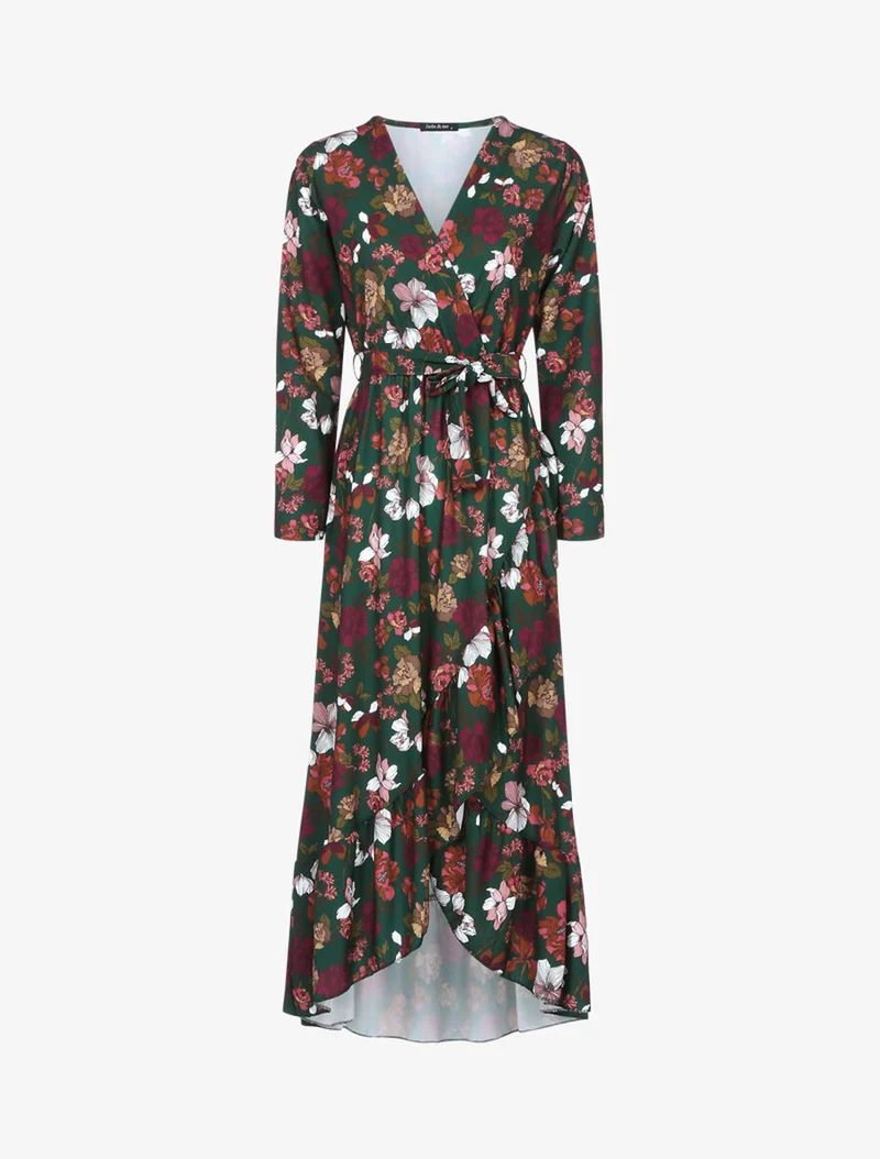 Herbstblumen bedrucktes Rüschenkleid - Dunkelgrün