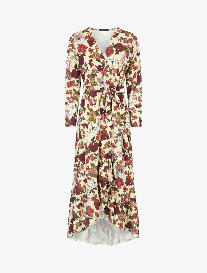 Herbstblumen bedrucktes Rüschenkleid - Beige