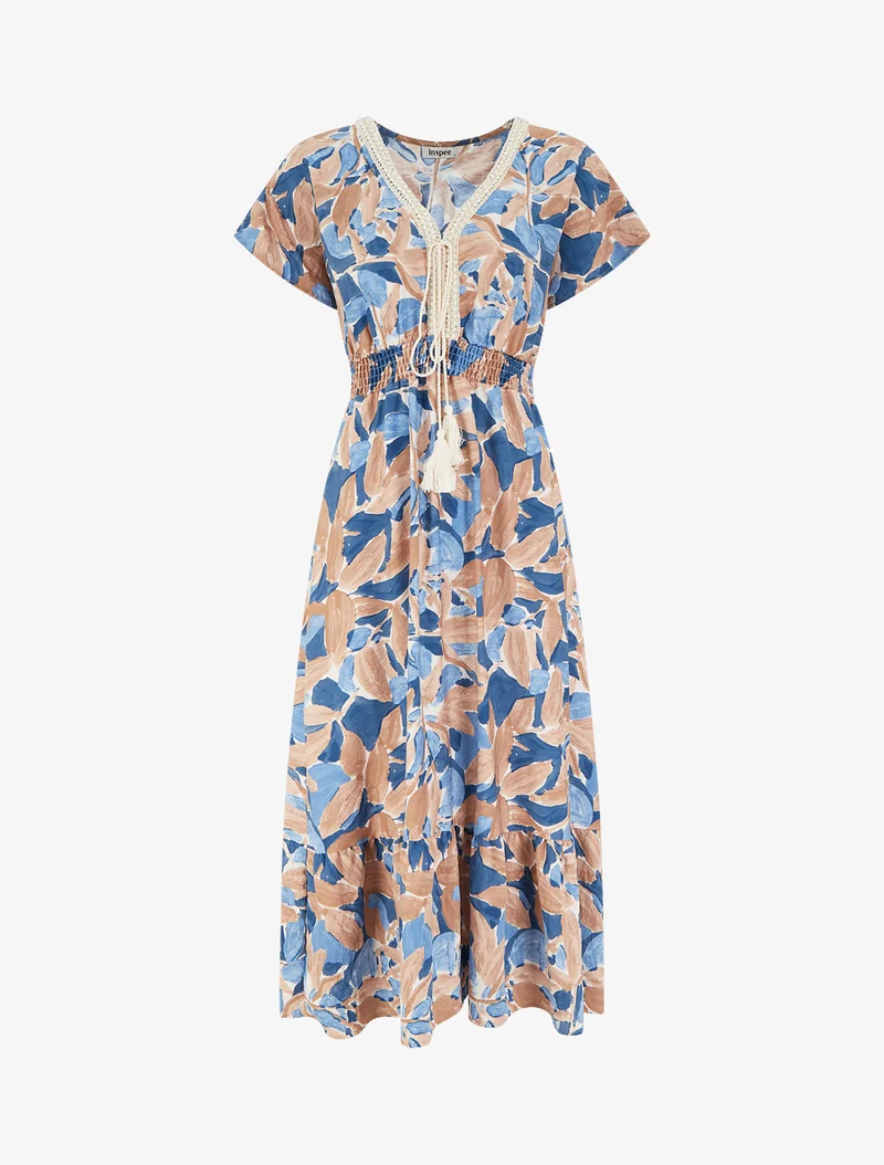Kleid mit stilisiertem Druck und Häkelkragen - Blau