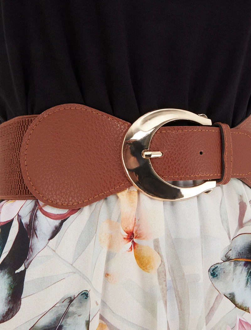 Kleid mit Blattdruck und Trägern in Kunstleder - Schwarz