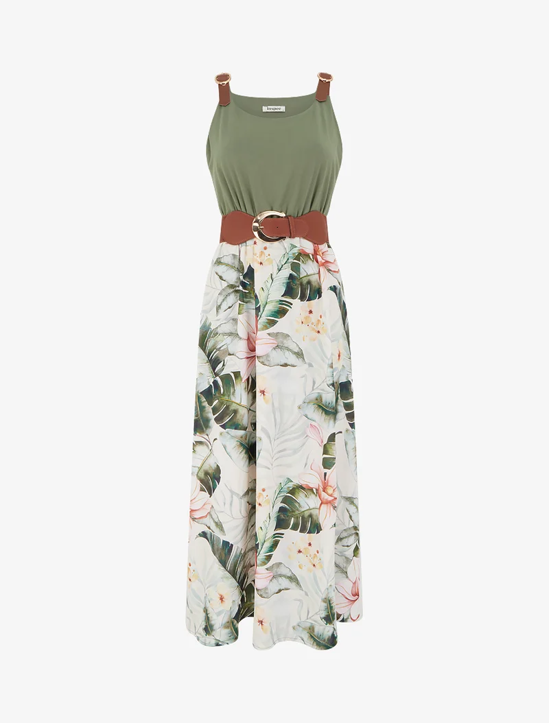 Kleid mit Blattdruck und Trägern in Kunstleder - Kaki