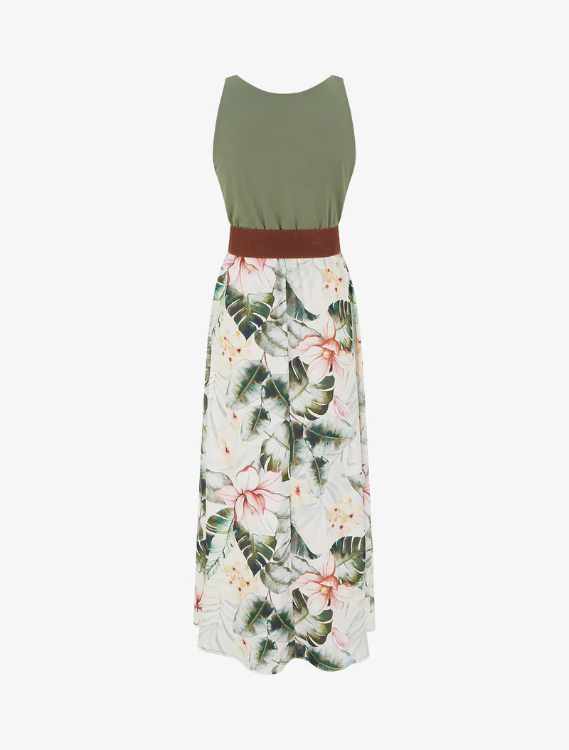 Kleid mit Blattdruck und Trägern in Kunstleder - Kaki