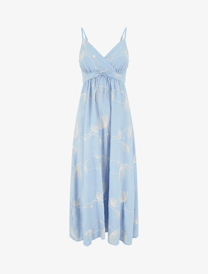 Empire-Langkleid mit pflanzlichen Stickereien - Himmelblau