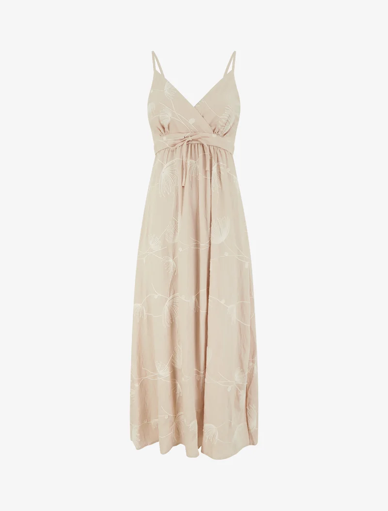Empire-Langkleid mit pflanzlichen Stickereien - Beige