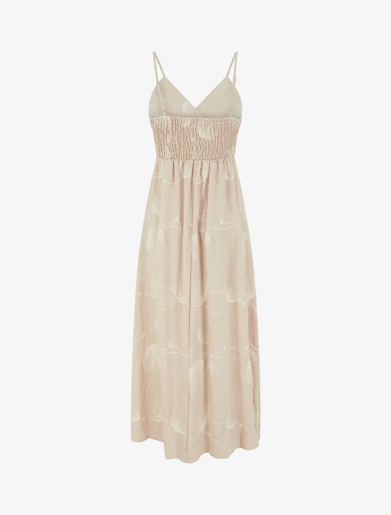 Empire-Langkleid mit pflanzlichen Stickereien - Beige