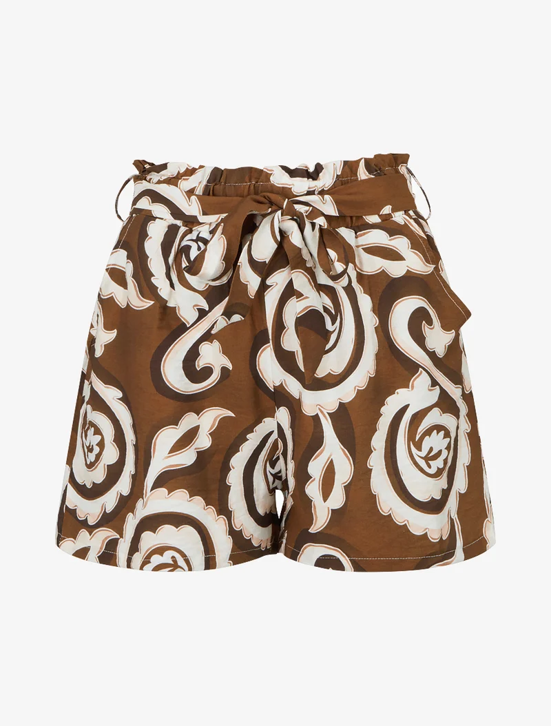 Elastische Shorts mit arabeskem Druckmuster. - Braun