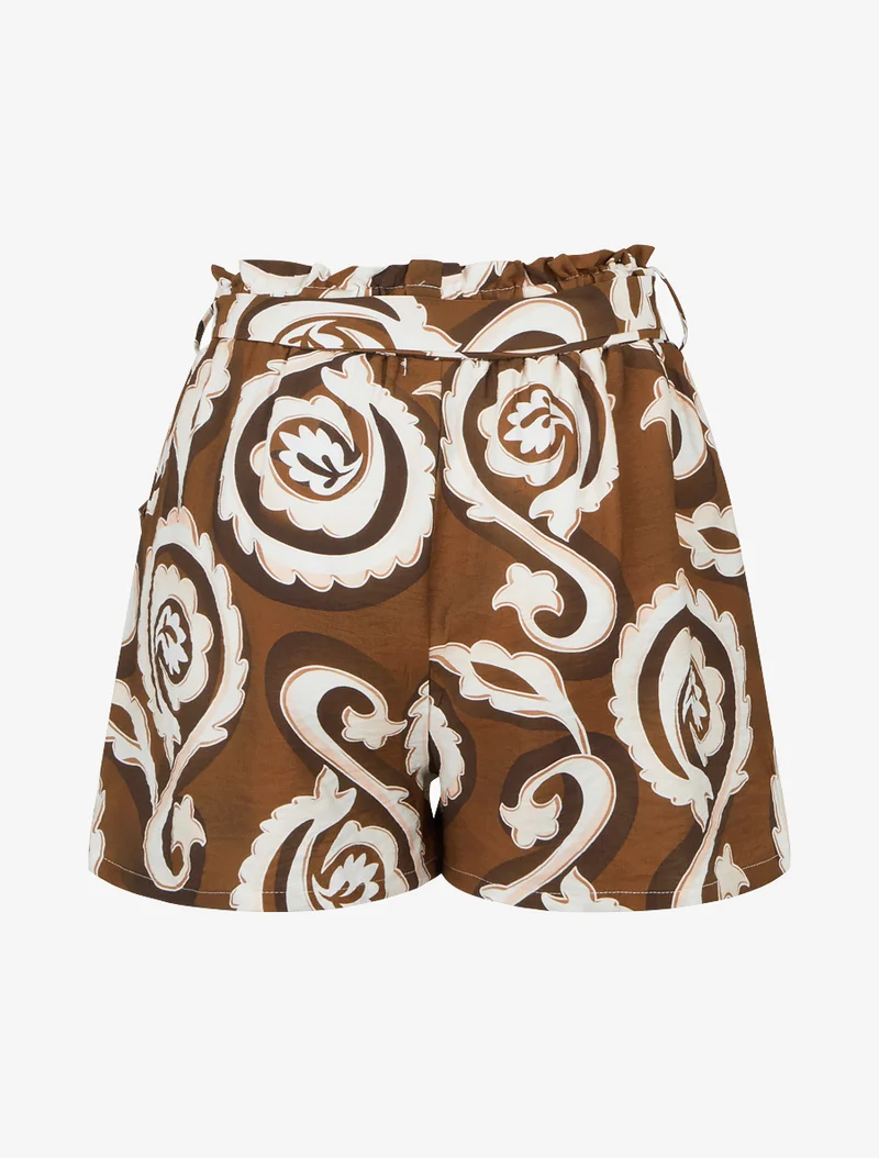 Elastische Shorts mit arabeskem Druckmuster. - Braun