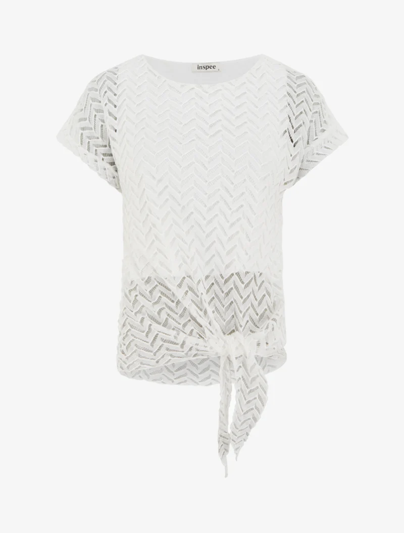 Chevron-Stil Kurzarmstricktop - Weiß