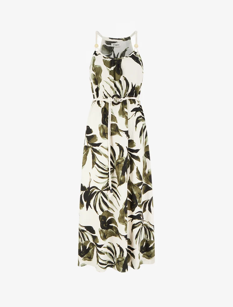 Blätter bedrucktes Kleid mit Kordelträgern - Kaki