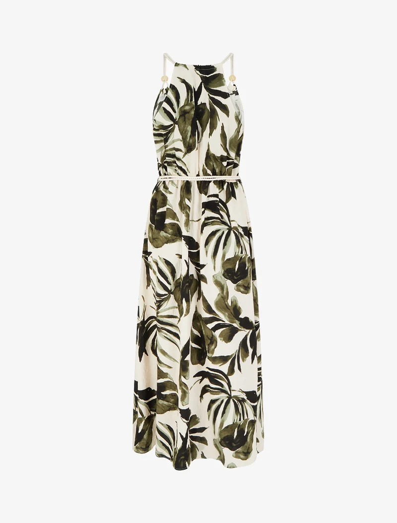 Blätter bedrucktes Kleid mit Kordelträgern - Kaki