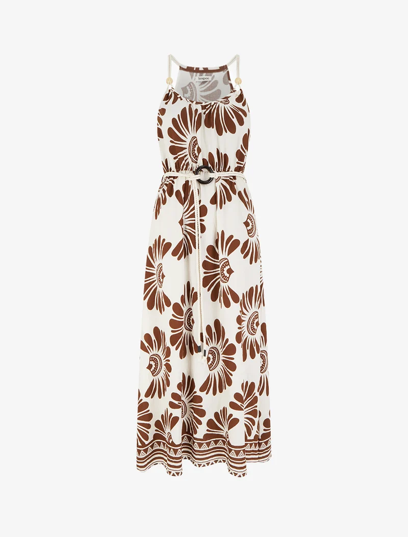 Kleid mit Fantasiedruck und Kordelträgern - Braun