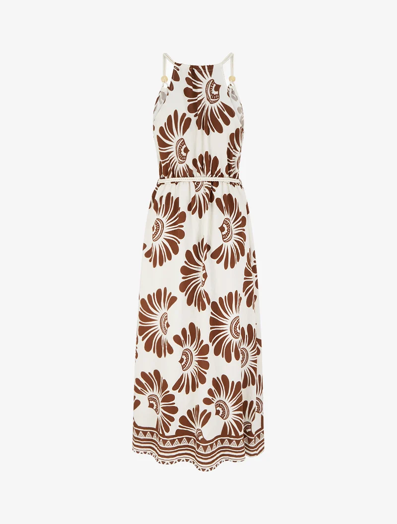 Kleid mit Fantasiedruck und Kordelträgern - Braun