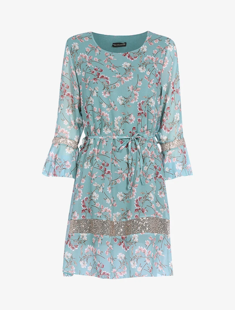 Kleid mit ländlichem Druck und Pailletten - Wassergrün