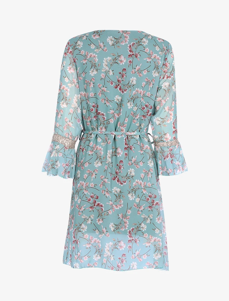 Kleid mit ländlichem Druck und Pailletten - Wassergrün