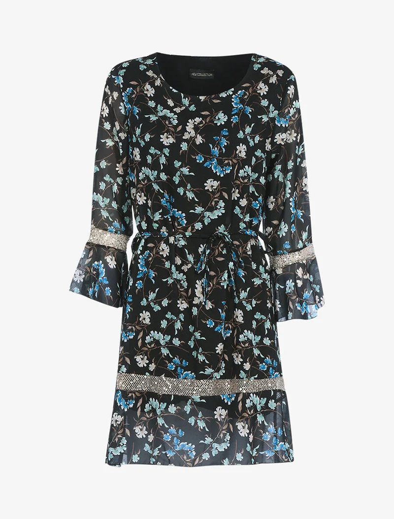 Kleid mit ländlichem Druck und Pailletten - Schwarz