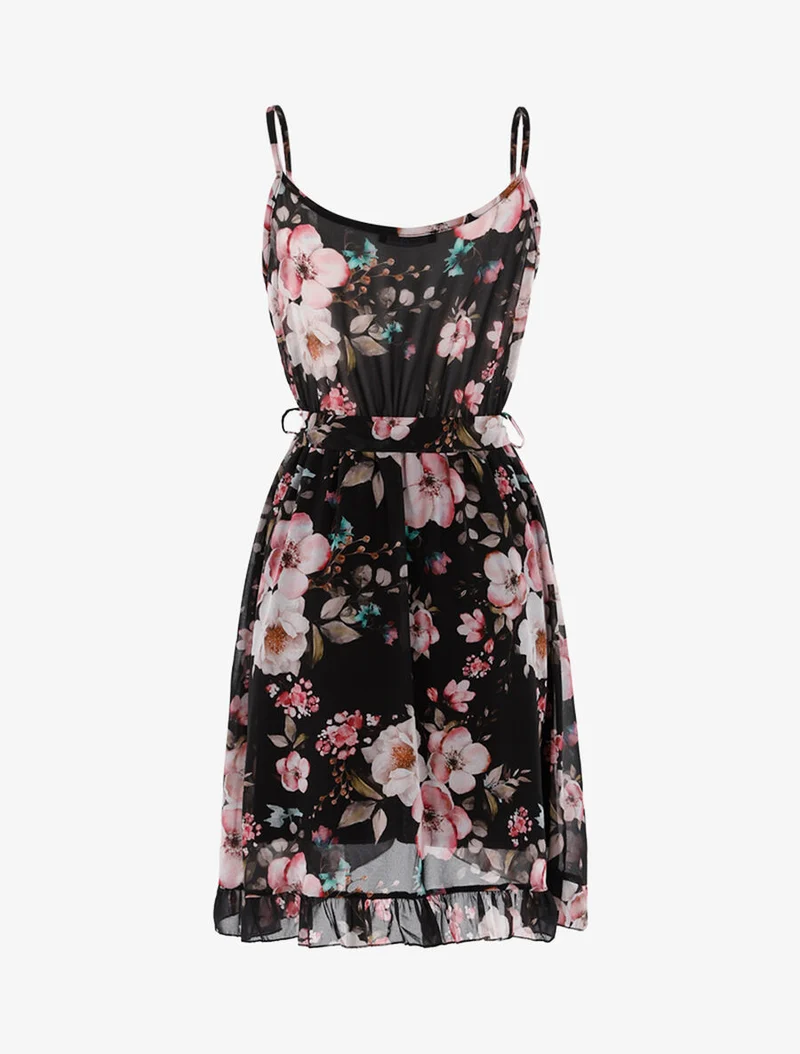 Wickelkleid mit Rüschen und Blumenmuster - Schwarz/Rosa