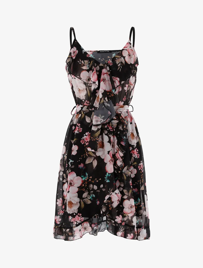 Wickelkleid mit Rüschen und Blumenmuster - Schwarz/Rosa