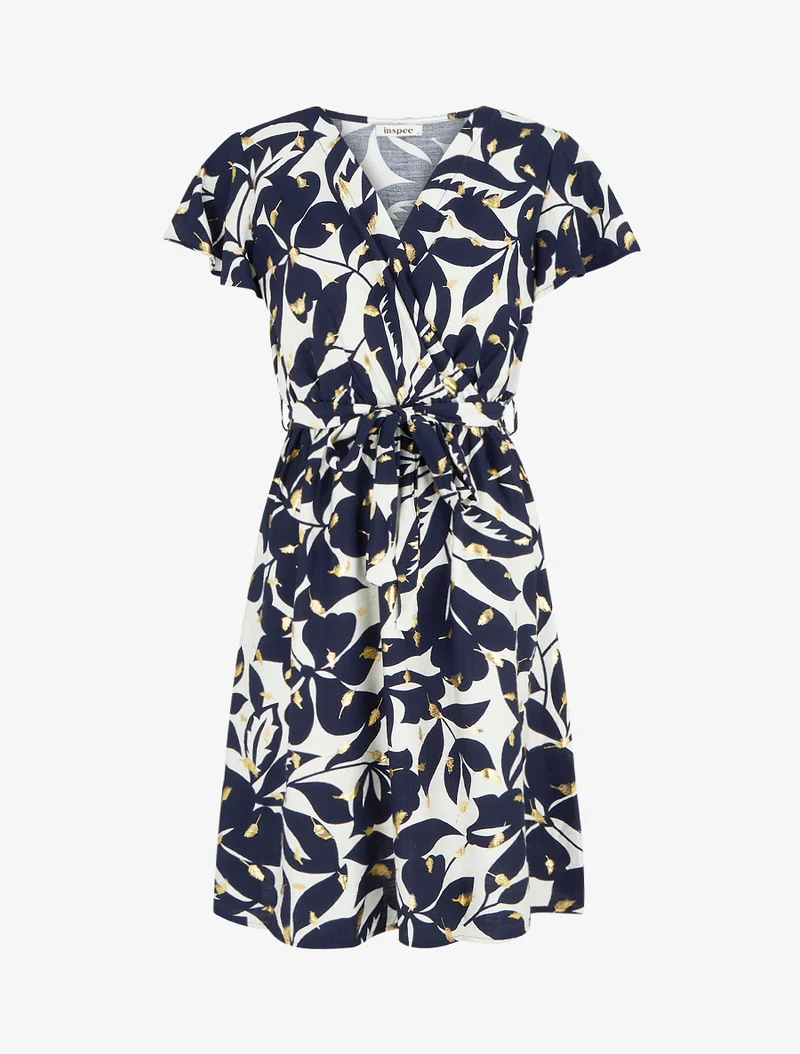 Midikleid mit Blattdruck und schimmernd - Marine
