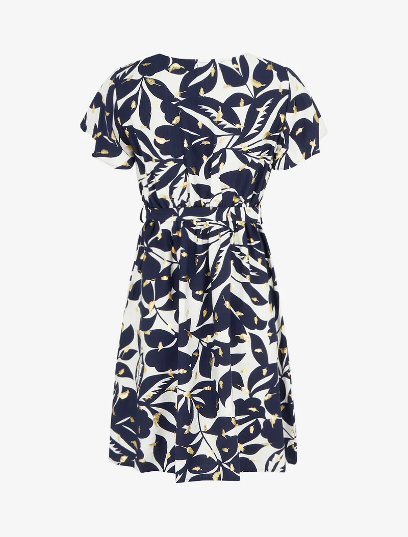 Midikleid mit Blattdruck und schimmernd - Marine
