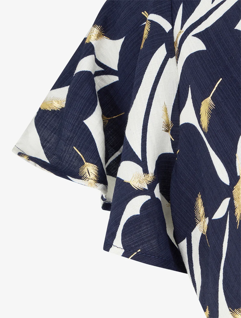 Midikleid mit Blattdruck und schimmernd - Marine