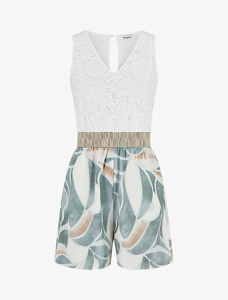 Spitzen- und grafisch bedruckter Jumpsuit - Kaki