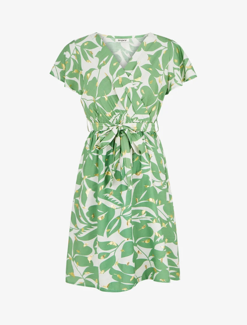 Midikleid mit Blattdruck und schimmernd - Grün