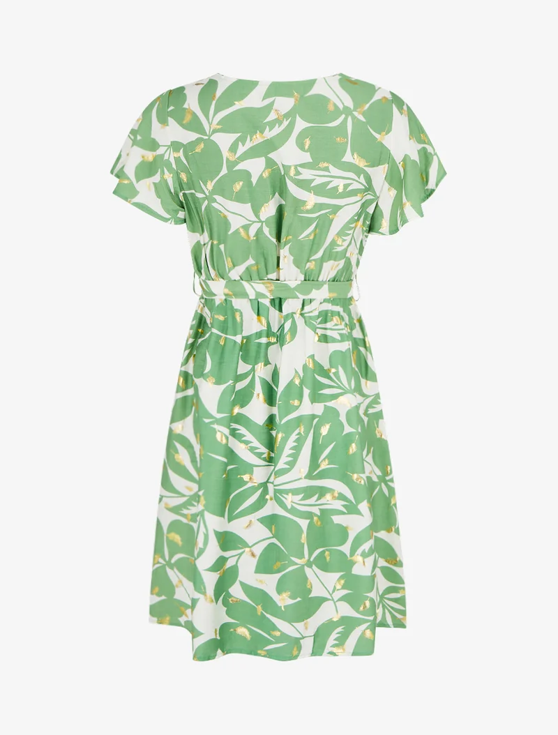Midikleid mit Blattdruck und schimmernd - Grün