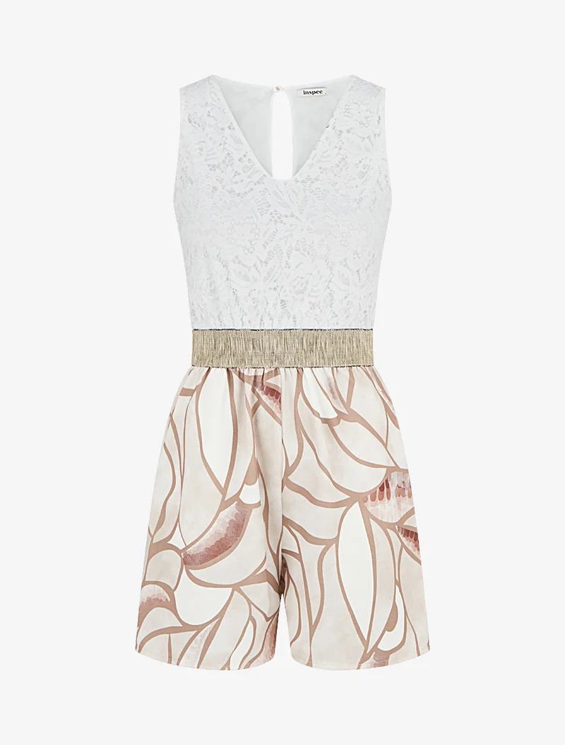 Spitzen- und grafisch bedruckter Jumpsuit - Beige