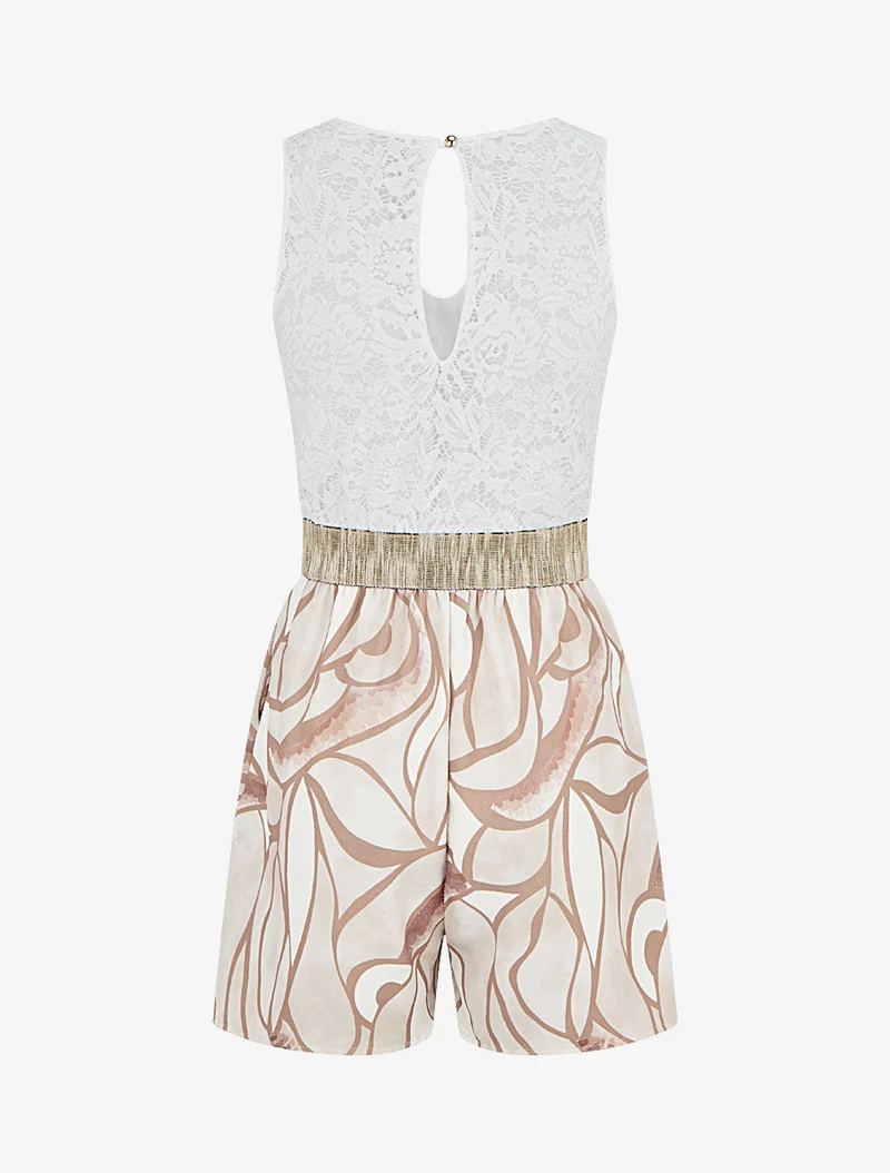 Spitzen- und grafisch bedruckter Jumpsuit - Beige