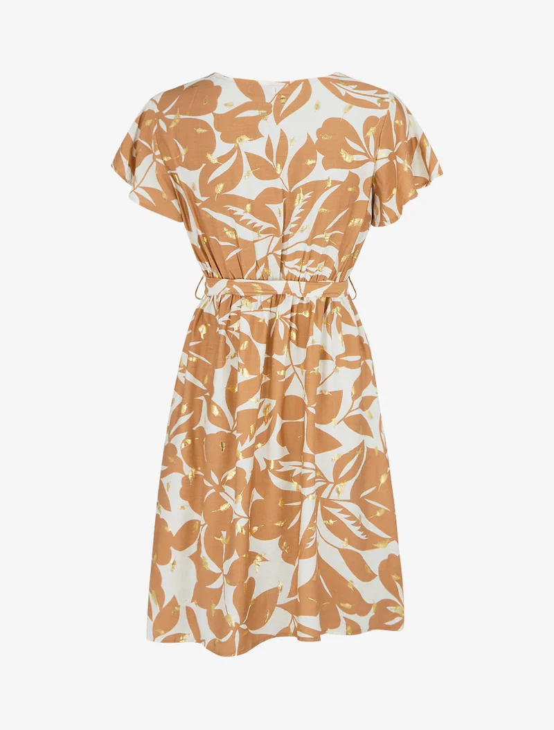 Midikleid mit Blattdruck und schimmernd - Kamel