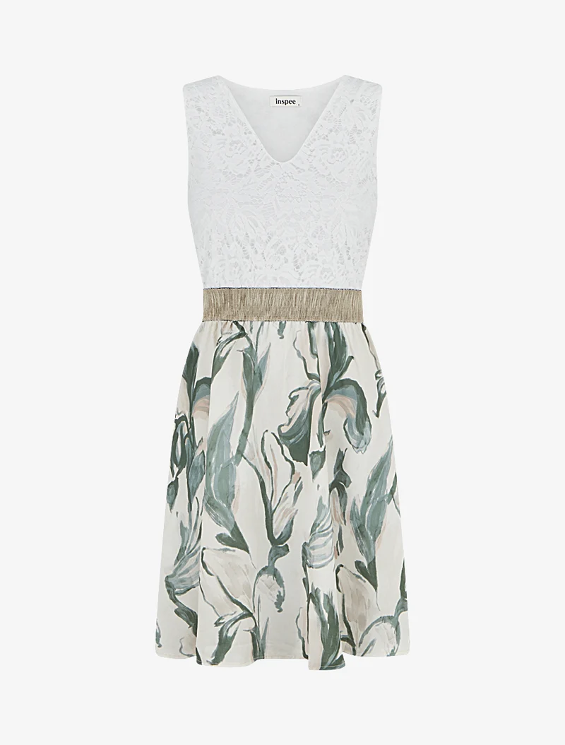 Midikleid mit Spitze und Fantasiemuster - Kaki