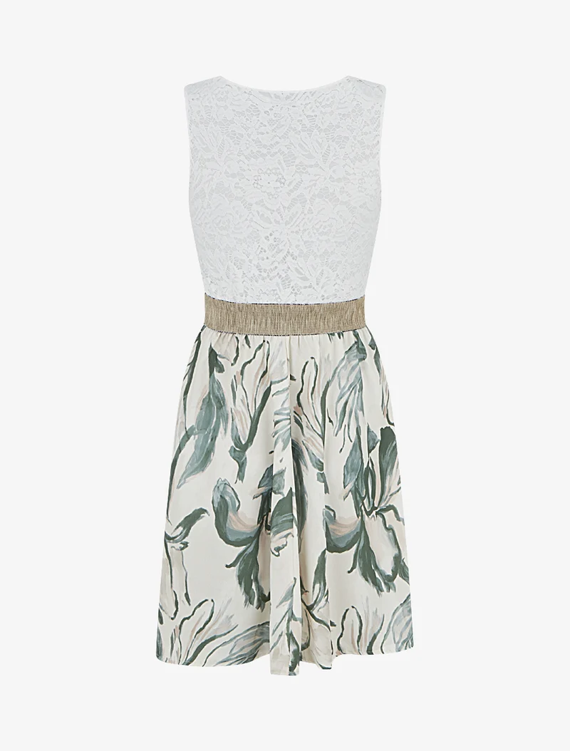 Midikleid mit Spitze und Fantasiemuster - Kaki