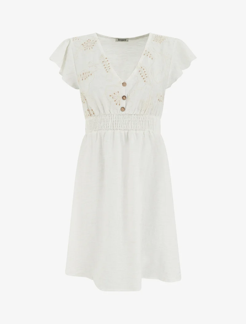 Elastisches, knielanges Kleid mit besticktem Brustteil - Weiß