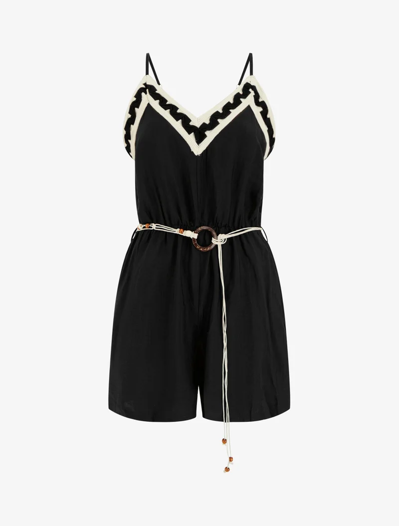 Ärmelloser Jumpsuit mit schmalen Trägern und fantasievollem Kragen - Schwarz