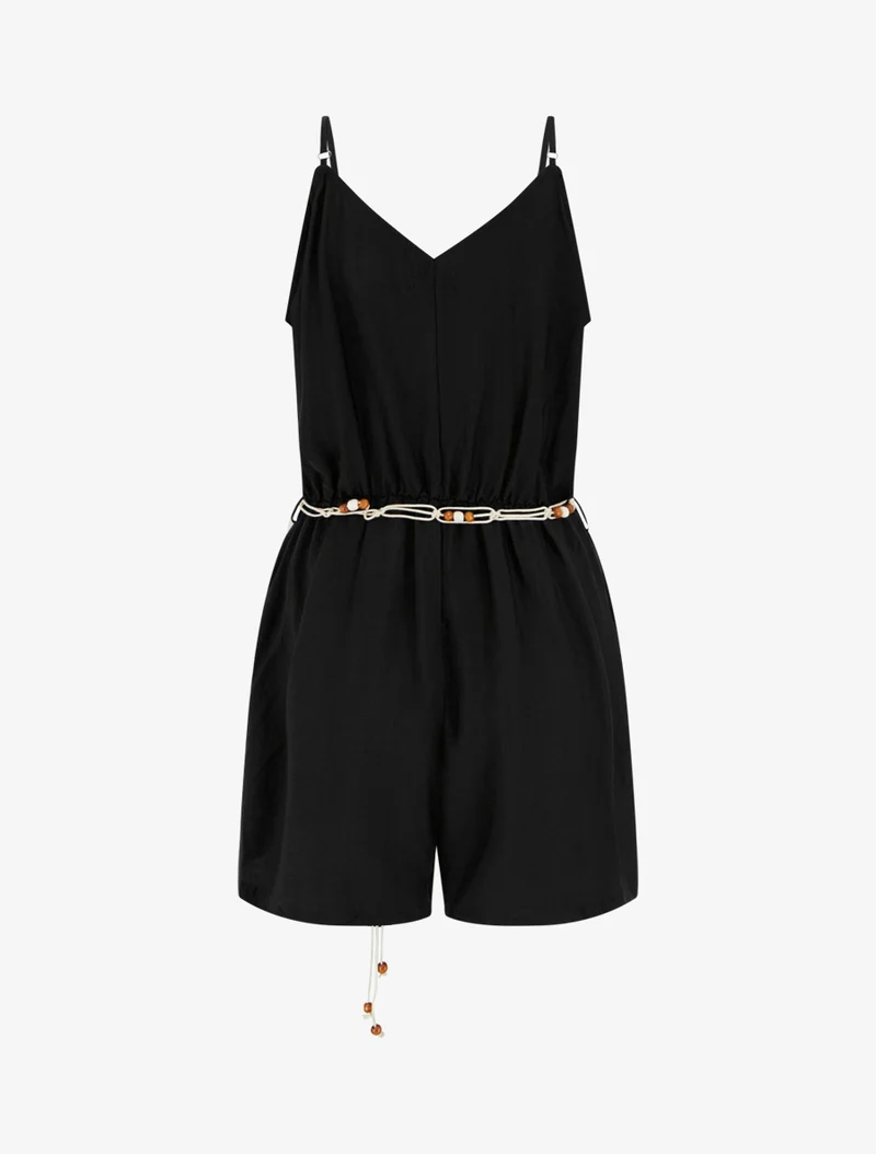Ärmelloser Jumpsuit mit schmalen Trägern und fantasievollem Kragen - Schwarz