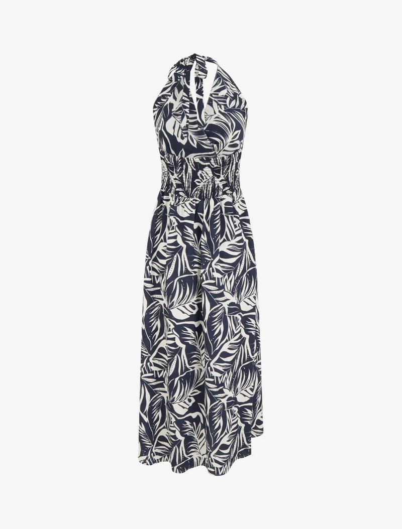 Rückenfreies langes Kleid mit Blattdruck - Marine
