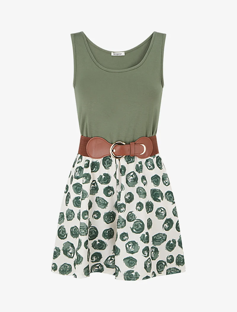 Gürtelter Jumpsuit mit Rosenmuster - Kaki