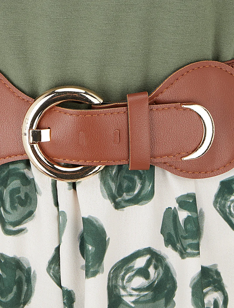 Gürtelter Jumpsuit mit Rosenmuster - Kaki
