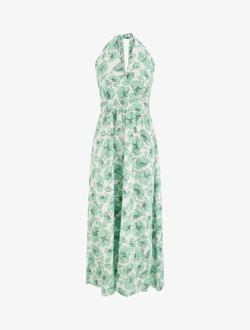 Rückenfreies, langes Kleid mit Blumenmuster - Minzegrün