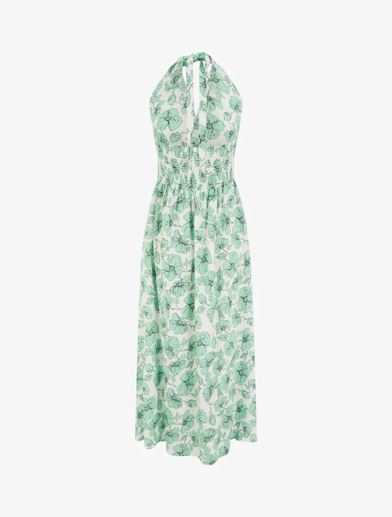 Rückenfreies, langes Kleid mit Blumenmuster - Minzegrün