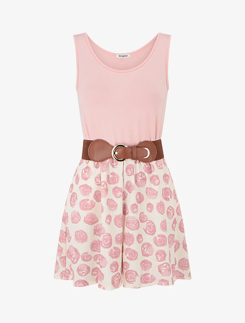 Gürtelter Jumpsuit mit Rosenmuster - Rose