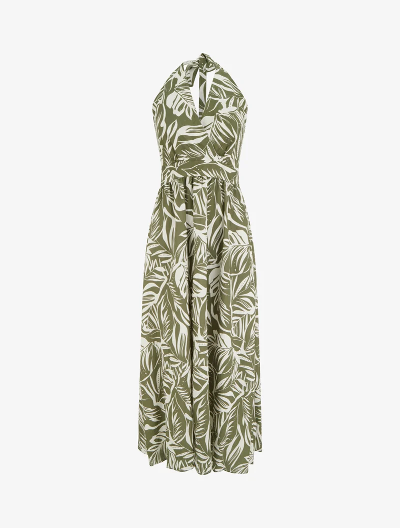 Rückenfreies langes Kleid mit Blattdruck - Kaki