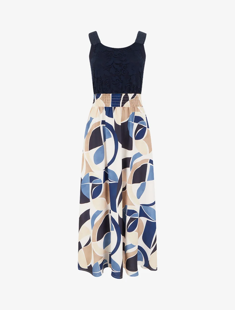 Kleid mit abstraktem Druck und Trägern aus Häkelarbeit - Marine