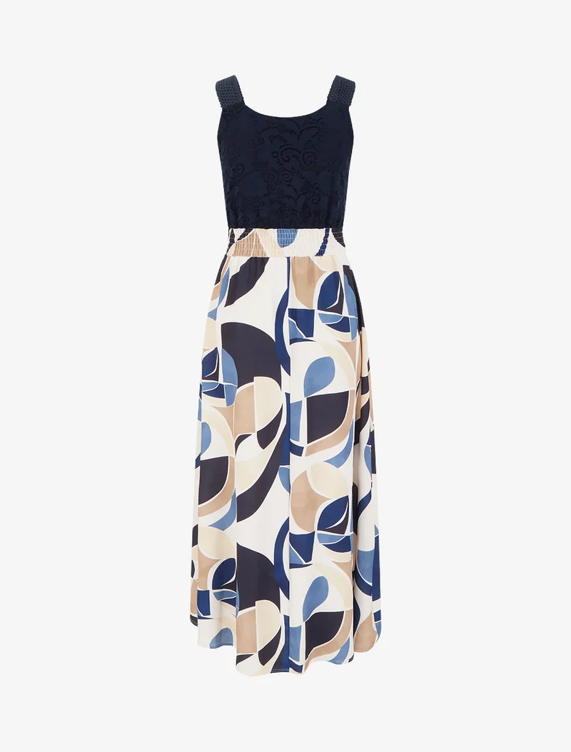 Kleid mit abstraktem Druck und Trägern aus Häkelarbeit - Marine