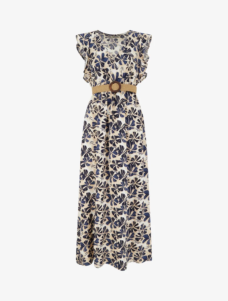 Langes Kleid mit stilisiertem Print und Wickelkragen - Marine